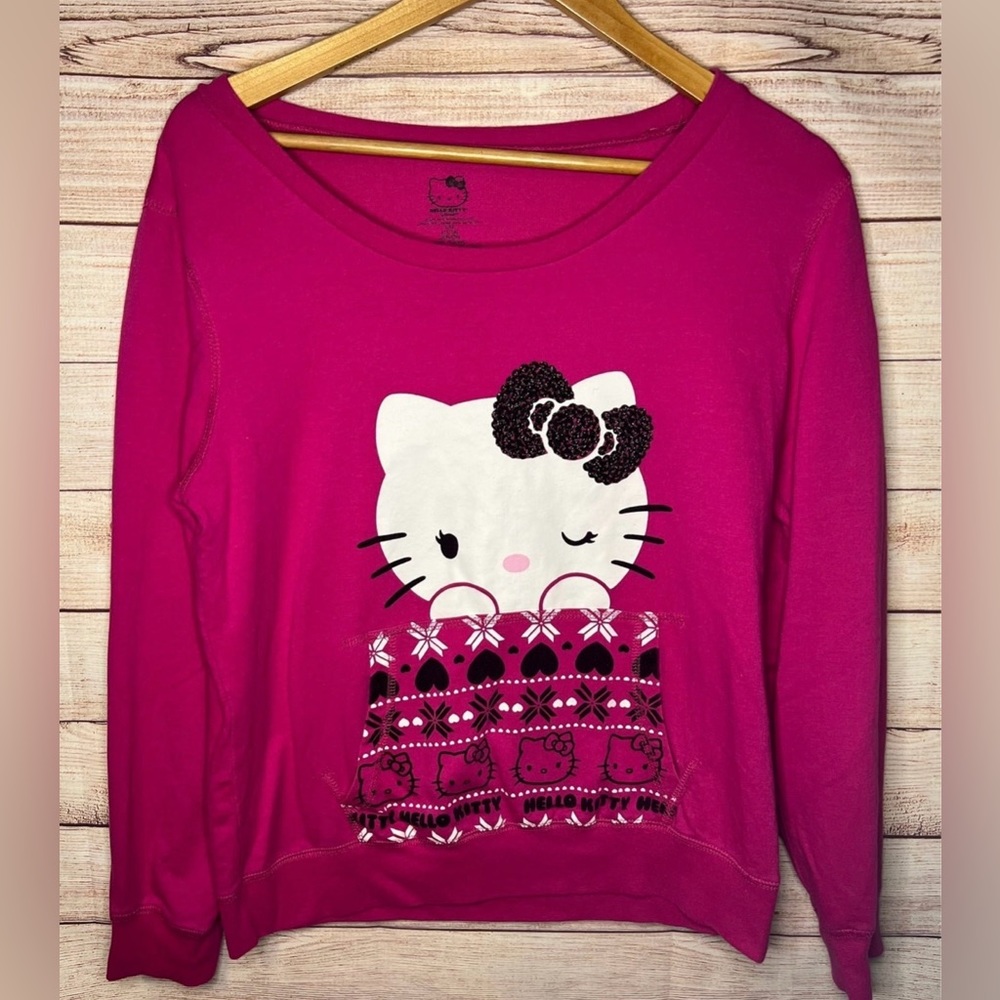 Hello Kitty Sanrio Pink Black Sparkle Junior Large Long Sleeve Shirt